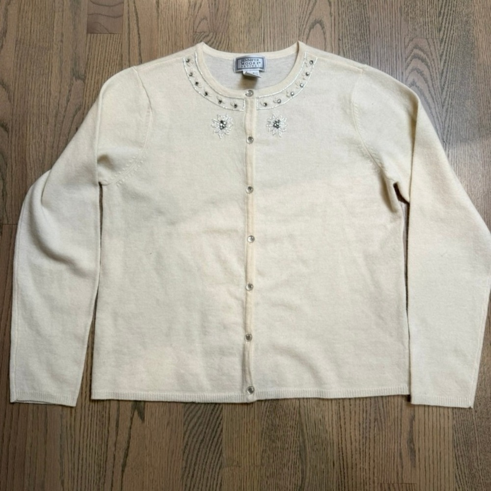 Jennifer Moore Petites Cream Embellished Cardigan Sweater Pearls Beads Size S